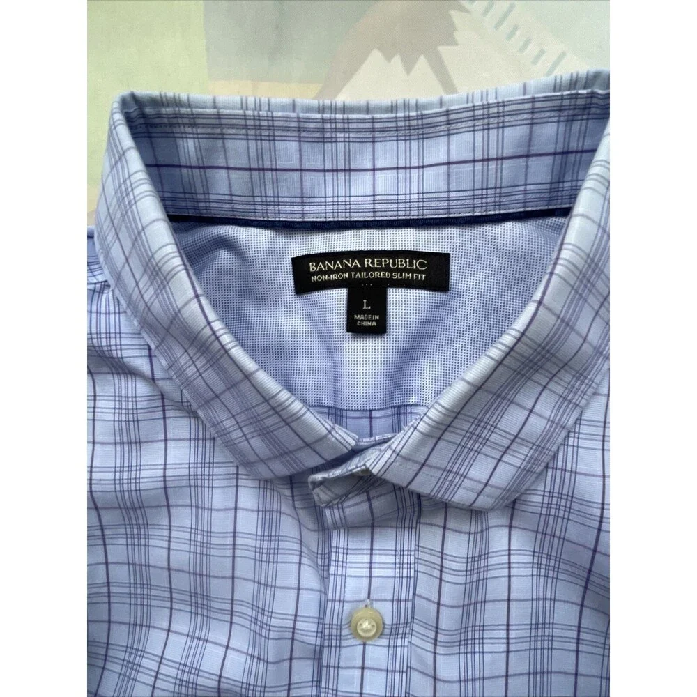Banana Republic Mens Large Blue Plaid Button Up Shirt Slim Fit Non-Iron Tailored
